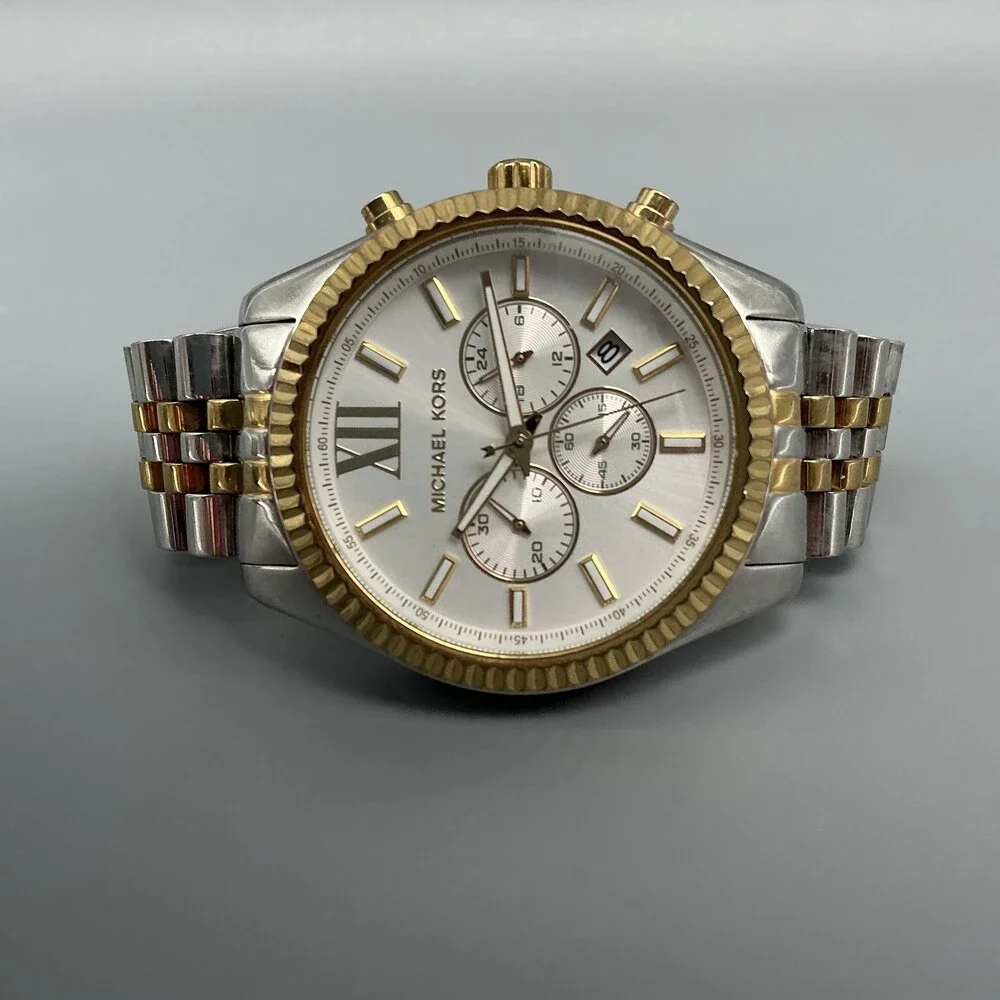 Michael Kors Lexington Women Watch 45mm Two Tone Chrono MK-8344 New Battery 6.5